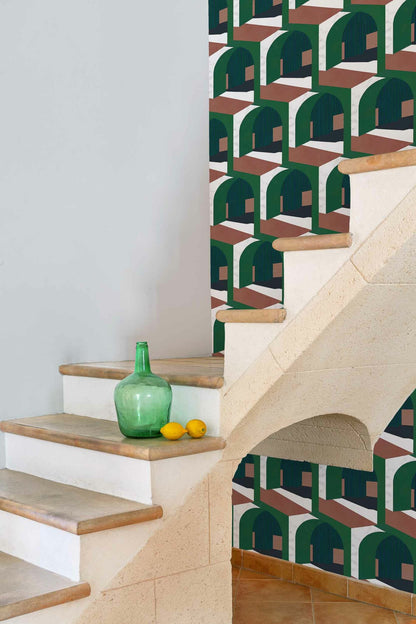 Soller wallpaper by Coordonné in Green, shown in a styled room