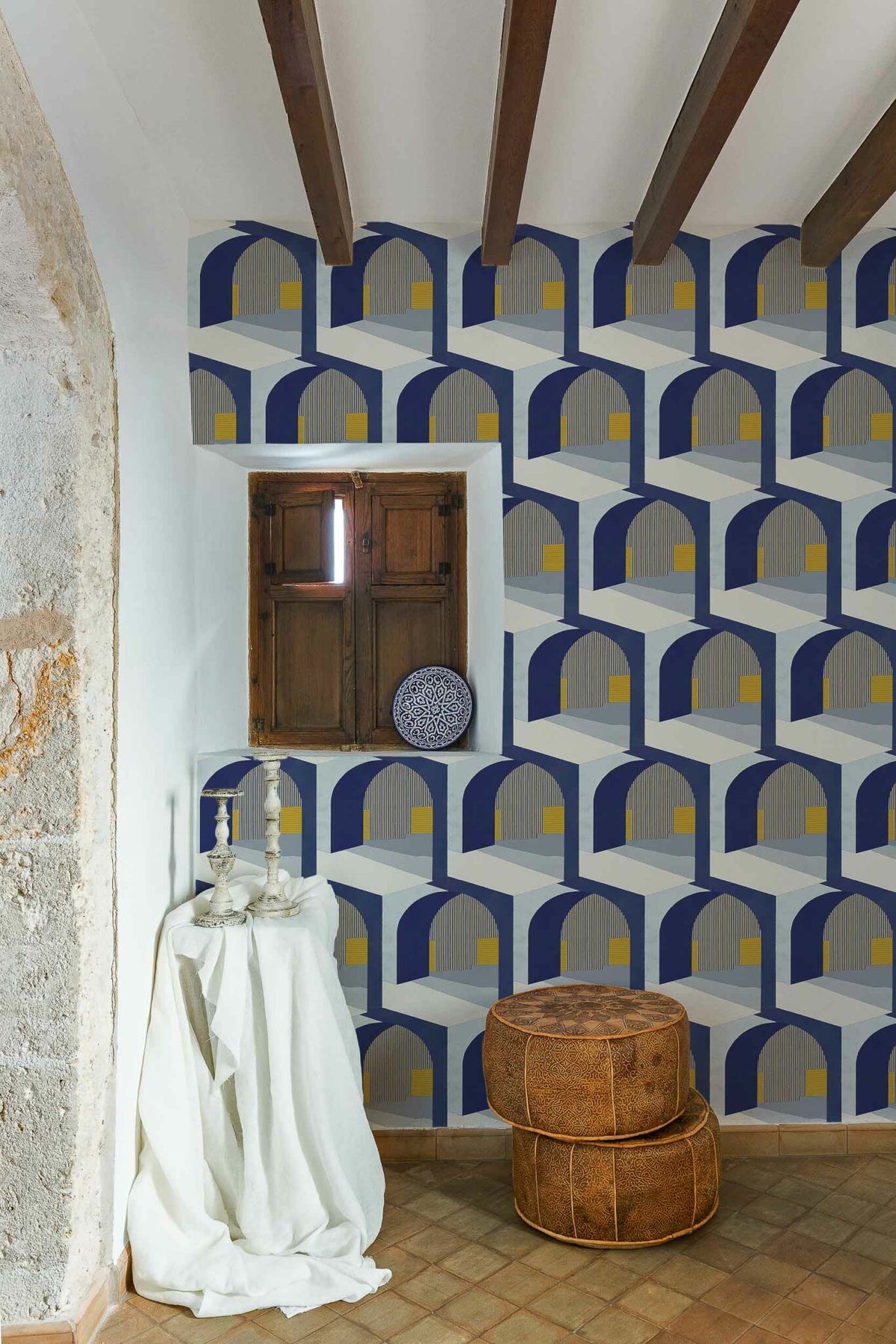 Soller wallpaper by Coordonné in Indigo, shown in a styled room