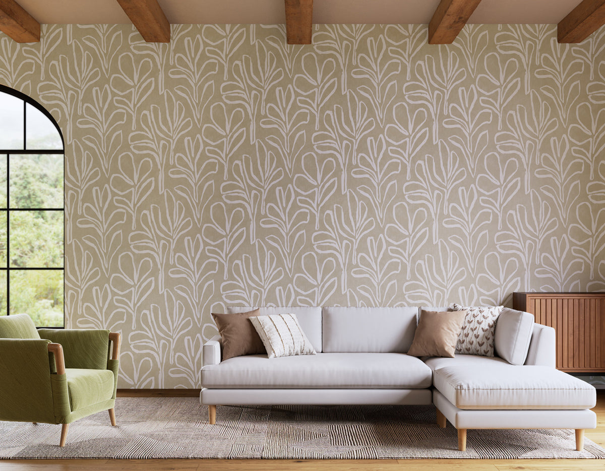 Sprig Silhouette Wallpaper by Phillip Jeffries in Fawn Flourish, shown installed in a room setting