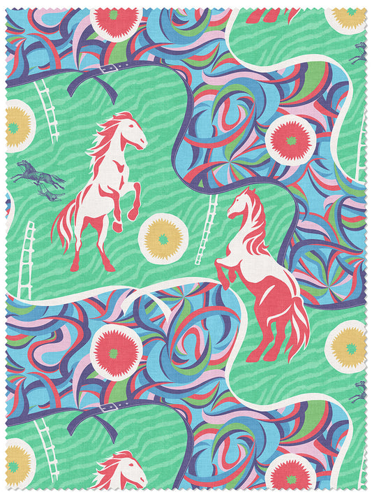 Stallion Rhapsody Linen Fabric by Divine Savages in Ketamint, pattern swatch