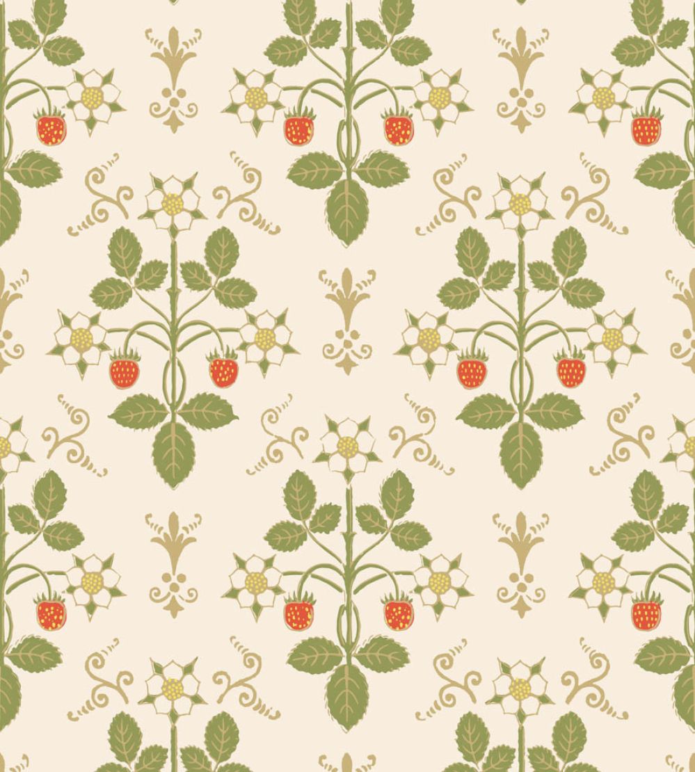 Strawberry Wallpaper by Cole & Son Poppy, Spring Green & Metallic Gold on Stone