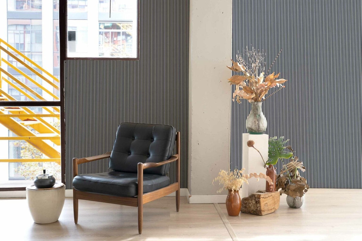 Stripe 0,7 wallpaper by Coordonné in Galaxia, shown in a styled room