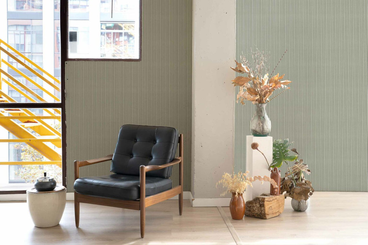 Stripe 0,7 wallpaper by Coordonné in Matcha, shown in a styled room