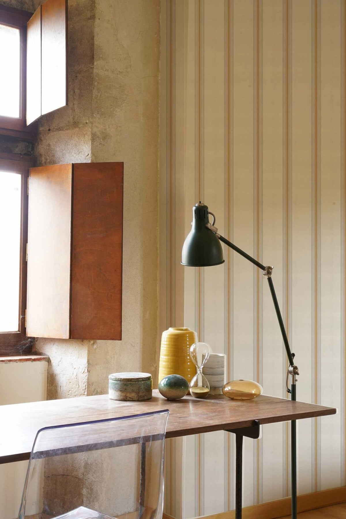 Stripe 2 wallpaper by Coordonné in Curry, shown in a styled room