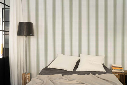 Stripe 5 wallpaper by Coordonné in Matcha, shown in a styled room