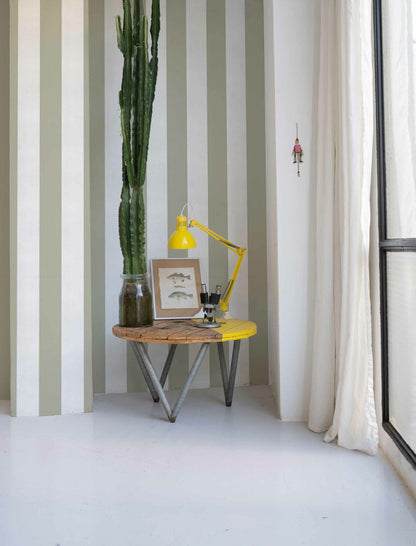 Stripe 8 wallpaper by Coordonné in Matcha, shown in a styled room