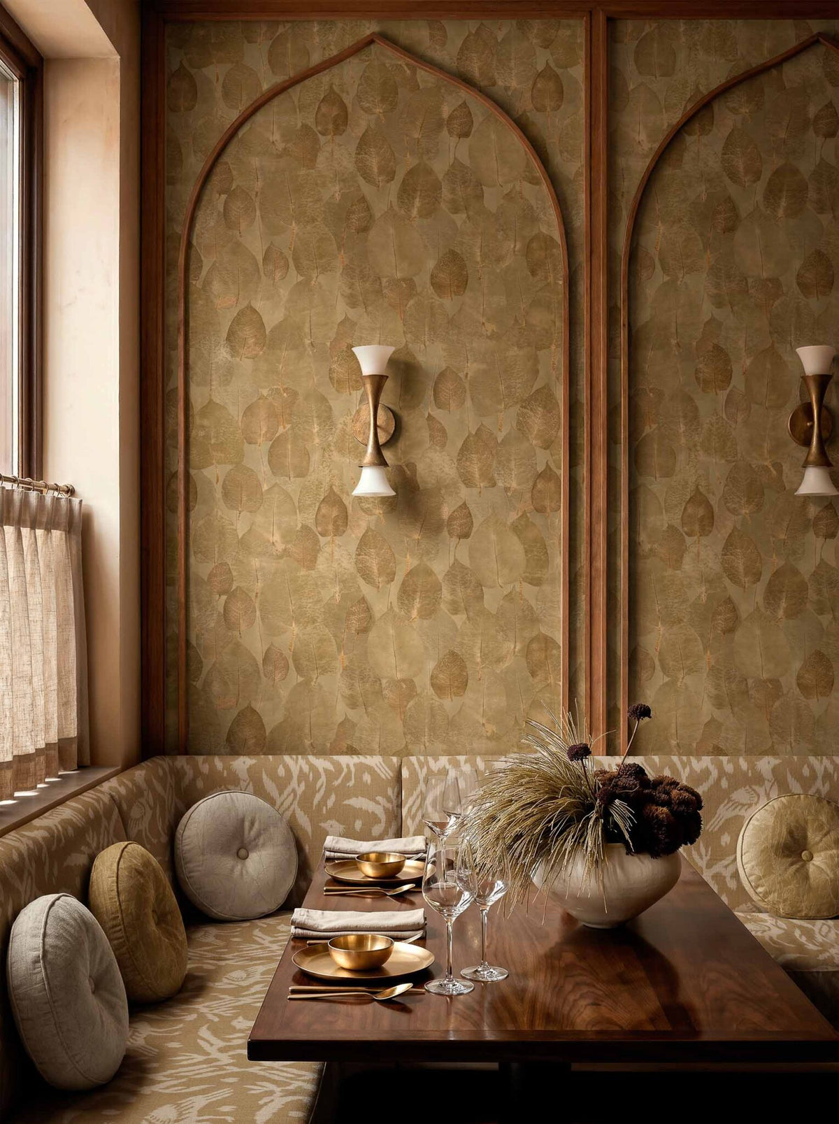 Suman wallpaper by Coordonné in Curry, shown in a styled room