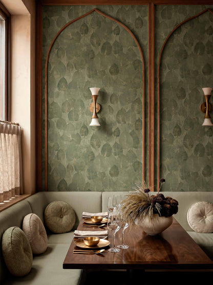 Suman wallpaper by Coordonné in Pistachio, shown in a styled room
