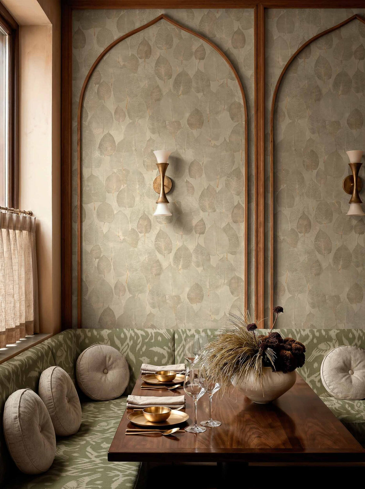 Suman wallpaper by Coordonné in Stone, shown in a styled room