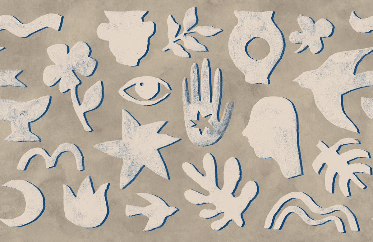 Symbolic Blue & Beige mural by Rebel Walls