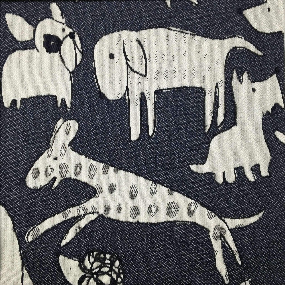 The ReBorn House TRH5663 Performance Jacquard in Indigo, colorway TRH5663.B, dog print in blue, grey and neutral