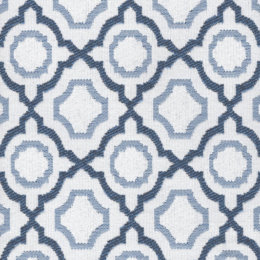 The ReBorn House TRH5703 Outdoor Performance Fabric in Blue, colorway TRH5703.A, trellis in blue and white