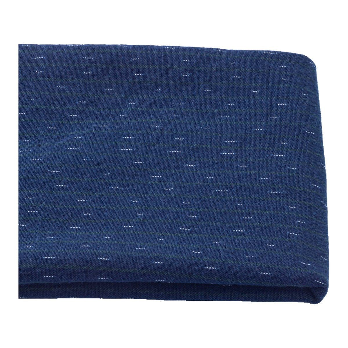 The ReBorn House TRH5784 Daimyō-Jima Kosame-Gasuri Indigo Ikat Cotton in Kon with Moegi Stripe, colorway TRH5784.A, folded on white
