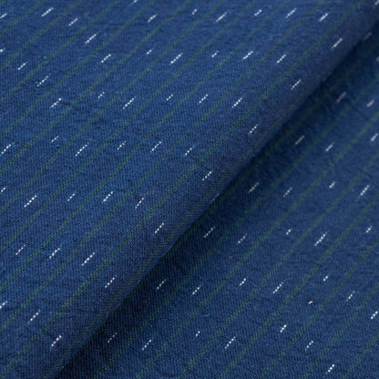 The ReBorn House TRH5784 Daimyō-Jima Kosame-Gasuri Indigo Ikat Cotton in Kon with Moegi Stripe, colorway TRH5784.A, flat fabric swatch