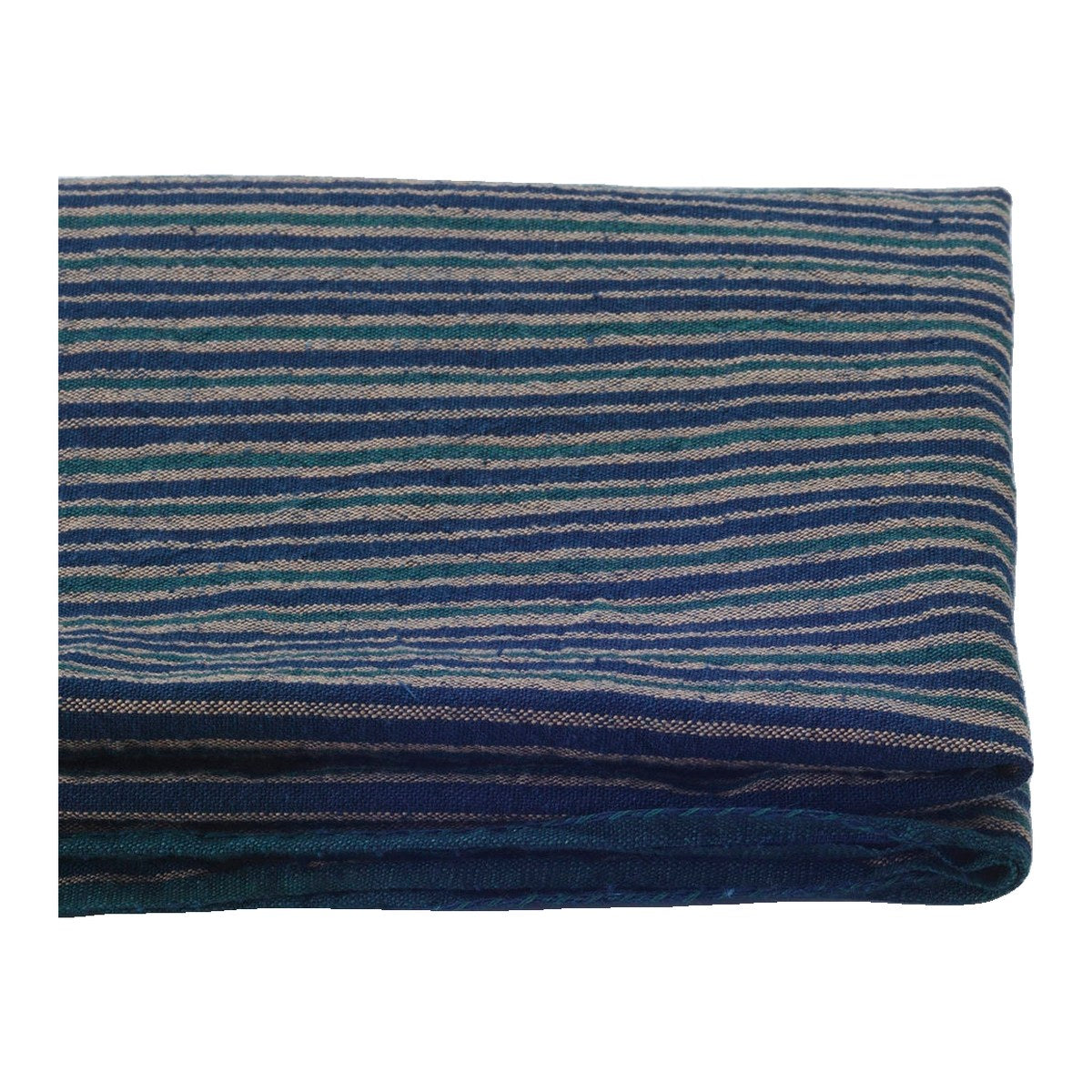 The ReBorn House TRH5812 Sanshoku-Jima Three-Color Indigo Stripe Cotton in Kon, Moegi and Kaki-Nezumi, colorway TRH5812.A, folded on white