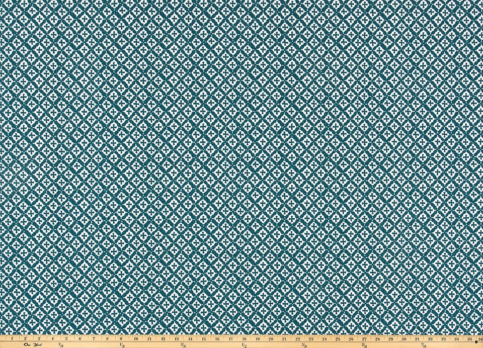 The ReBorn House TRH5922 Performance Fabric in Peacock, colorway TRH5922.A, geometric in teal and white
