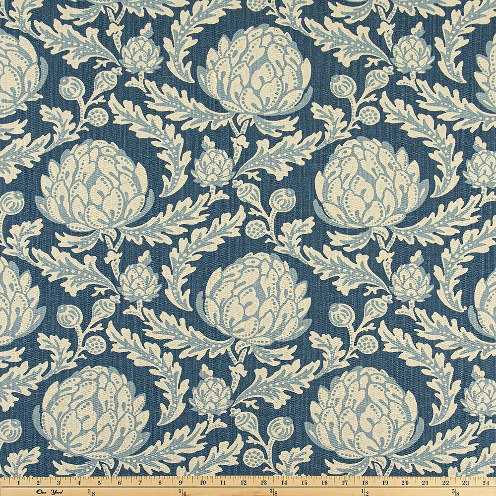 The ReBorn House TRH5942 Performance Fabric in Denim, colorway TRH5942.A, botanical in blue and grey