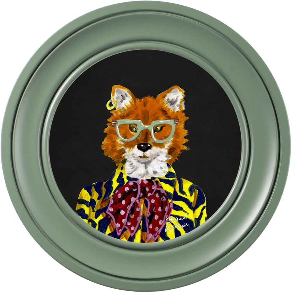 Todd round framed print by Brand McKenzie in a sage green alpine frame with a charcoal black background