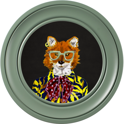 Todd round framed print by Brand McKenzie in a sage green alpine frame with a charcoal black background