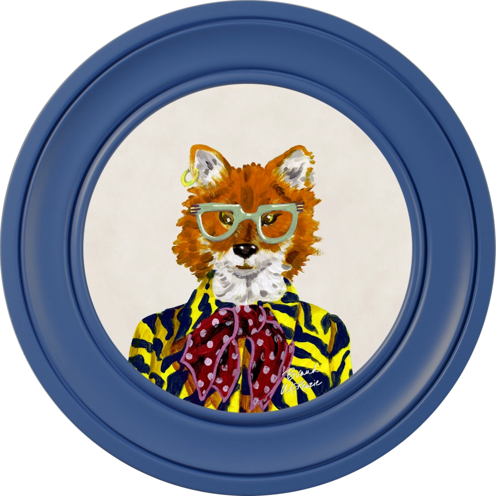 Todd round framed print by Brand McKenzie in a cobalt blue frame with a chalk white background