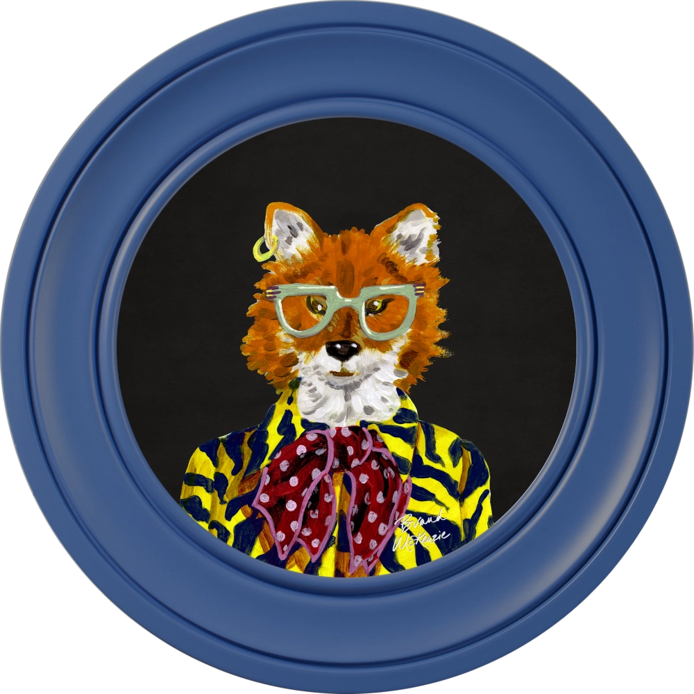 Todd round framed print by Brand McKenzie in a cobalt blue frame with a charcoal black background