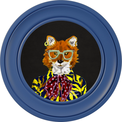Todd round framed print by Brand McKenzie in a cobalt blue frame with a charcoal black background