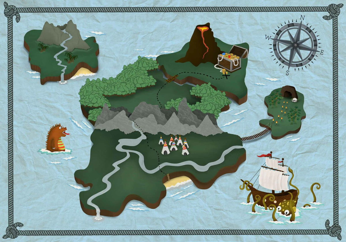 Treasure Map mural by Coordonné in Aqua, flat pattern view
