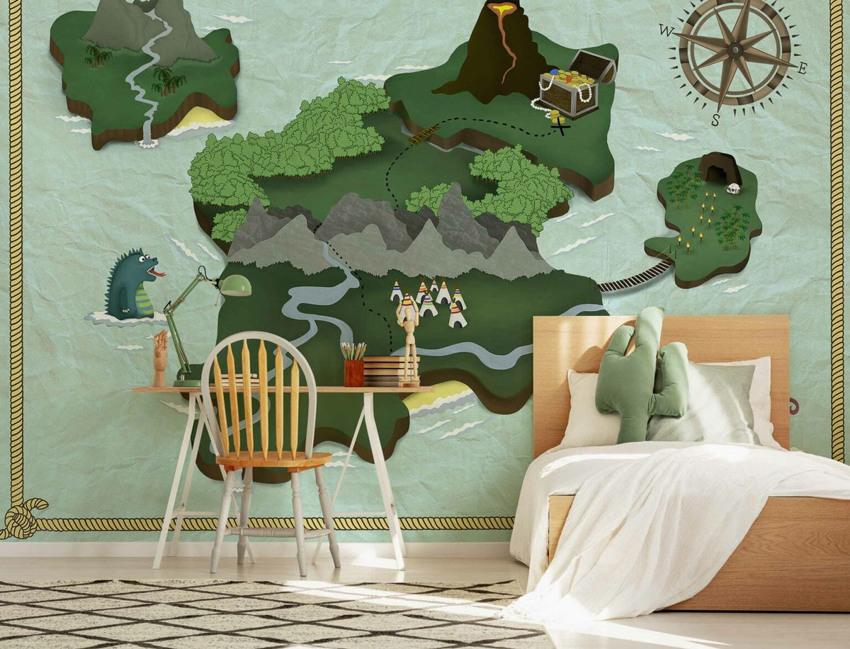 Treasure Map mural by Coordonné in Mint, shown in a styled room