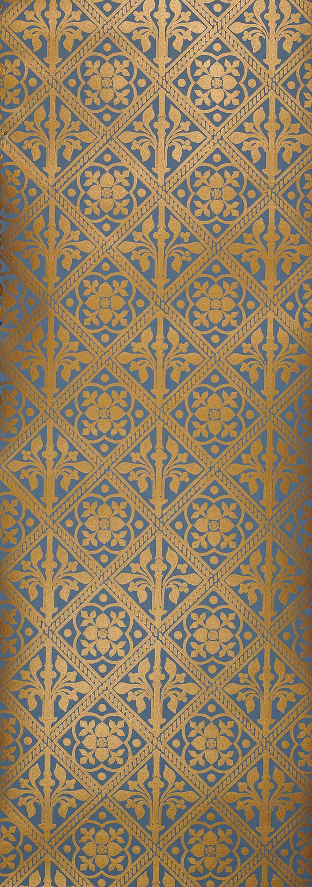 Trellis Hand Block Wallpaper by Watts 1874 in Summer Blue Striae Gold