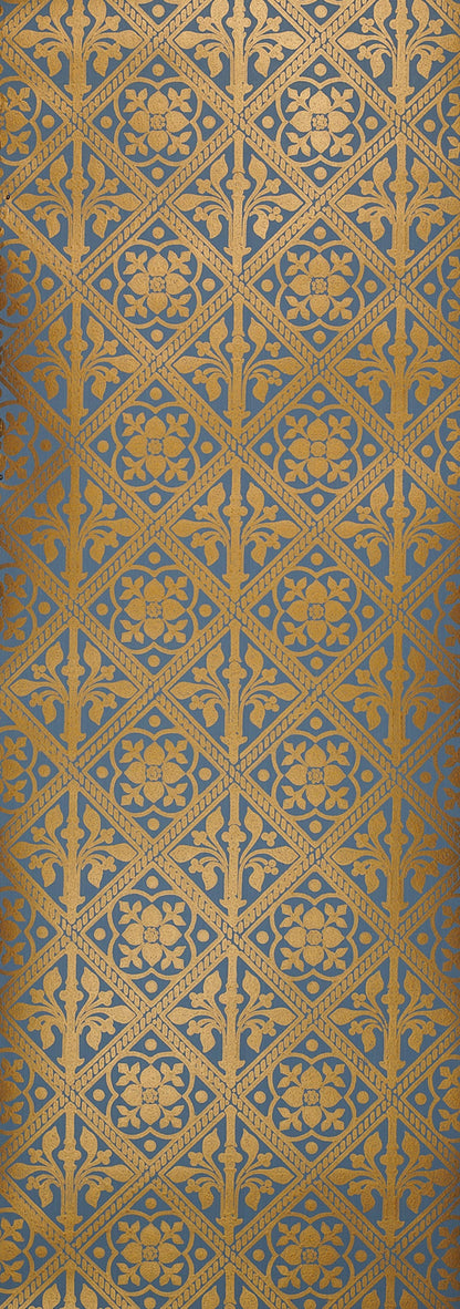 Trellis Hand Block Wallpaper by Watts 1874 in Summer Blue Striae Gold