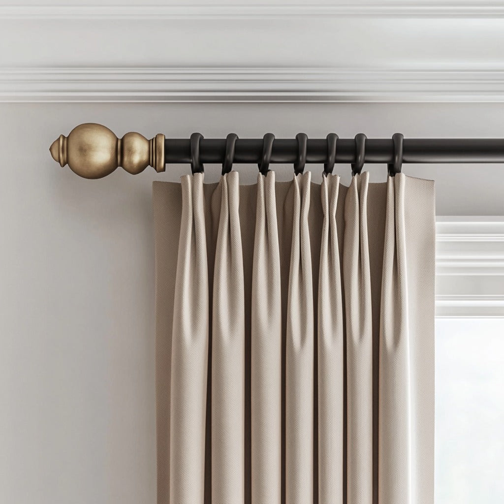 Custom made-to-order pinch pleat drapery in soft taupe hung from a black rod with a brass ball finial