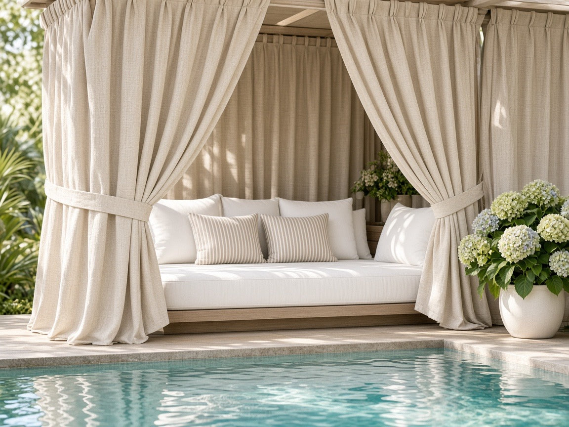 Custom natural linen-look outdoor curtains with fabric tiebacks around a poolside cabana daybed