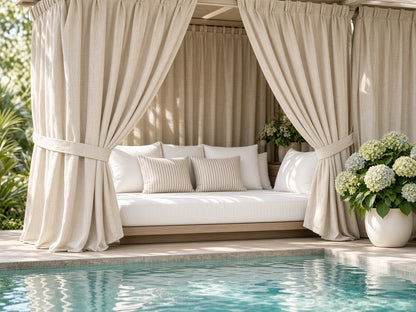 Custom natural linen-look outdoor curtains with fabric tiebacks around a poolside cabana daybed
