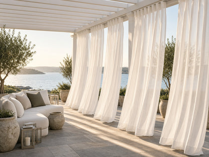 Custom white outdoor sheer curtains with pleated tops on a waterfront terrace