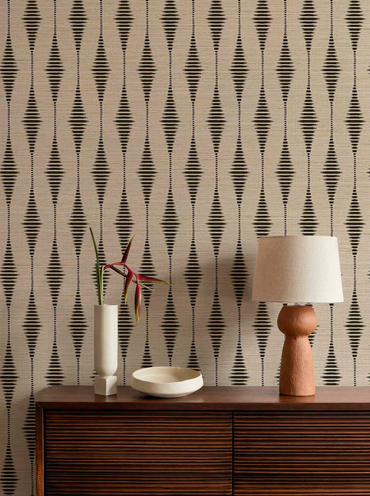 Tribalis contract wallcovering by Coordonné in Black 64950100, shown in a styled room