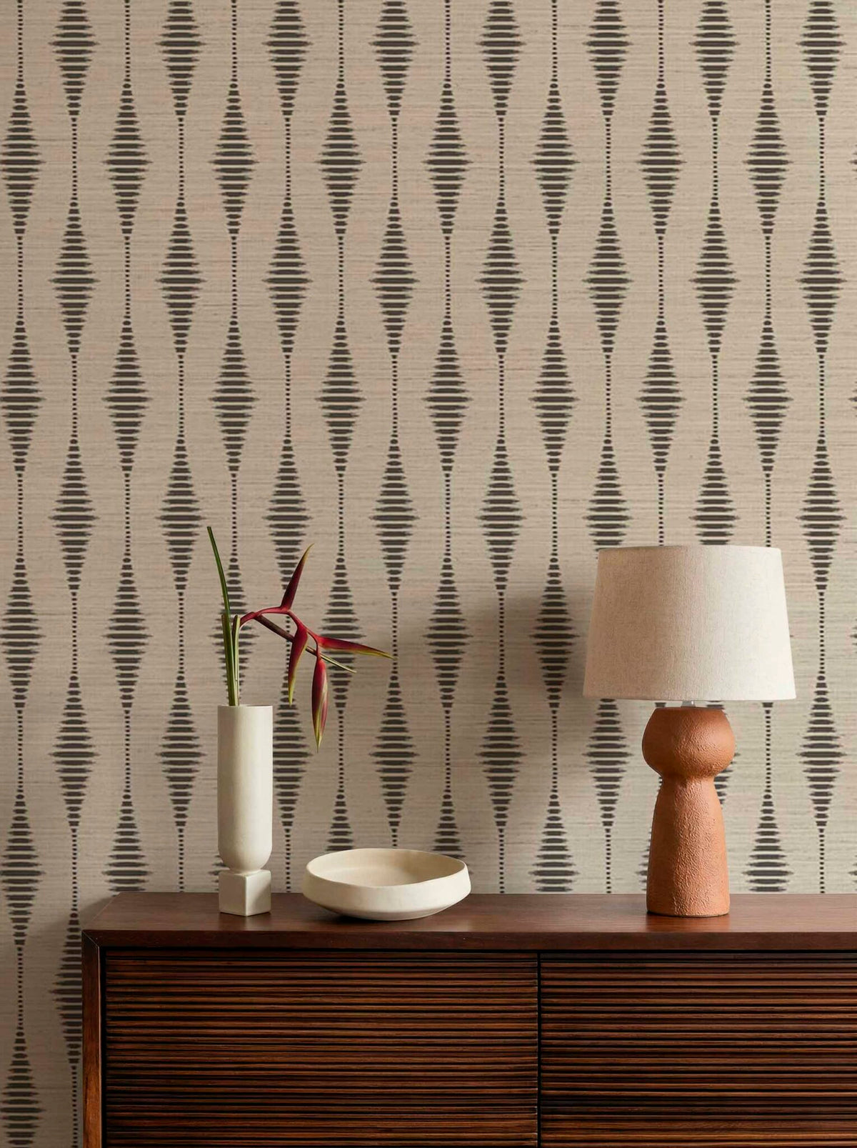 Tribalis contract wallcovering by Coordonné in White/Grey 64950108, shown in a styled room
