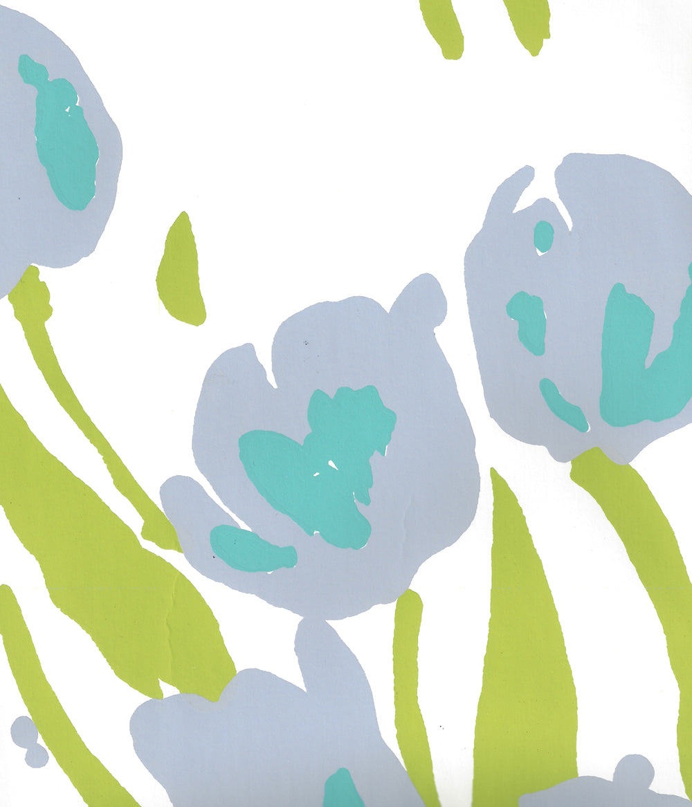 Tulip Multicolor Lilac Turquoise Green on White wallpaper by Quadrille