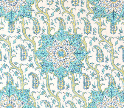 Kashmir Exotique Turquoise on Cream fabric by Home Couture