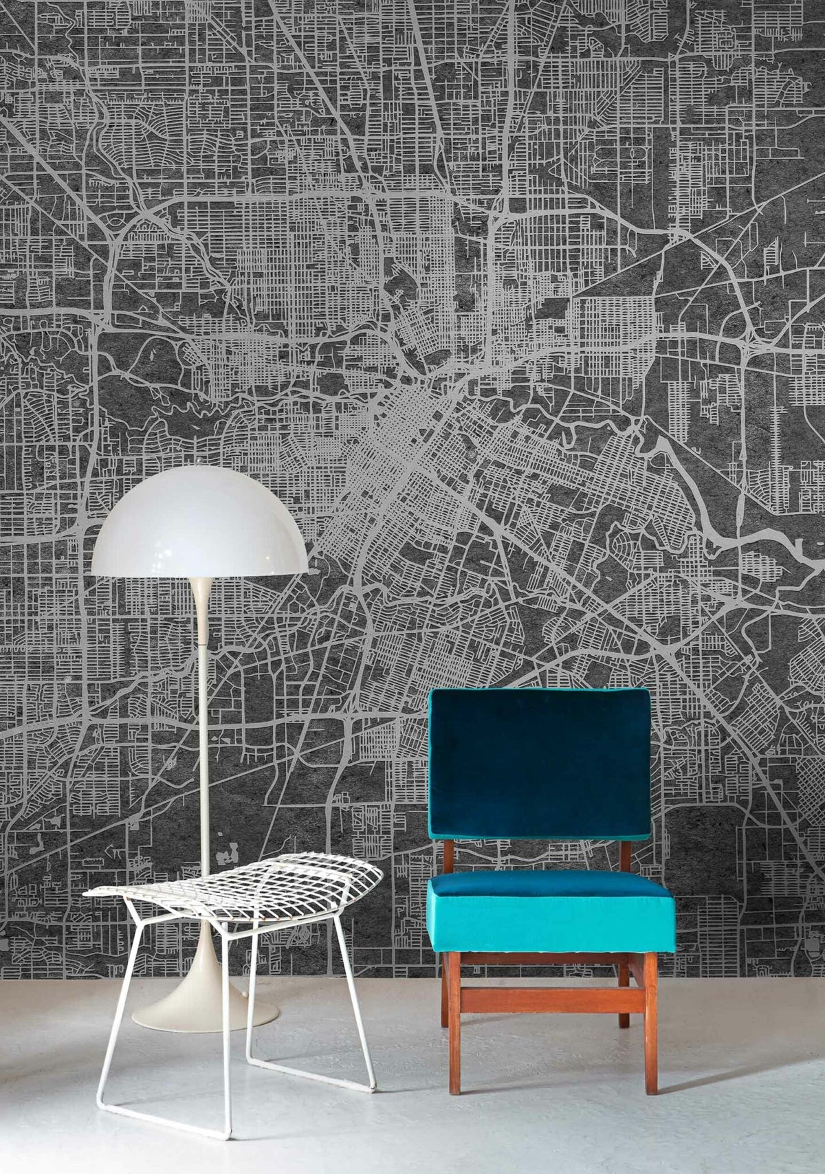 Urban Map mural by Coordonné in Black, shown in a styled room