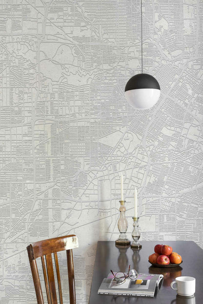 Urban Map mural by Coordonné in White, shown in a styled room