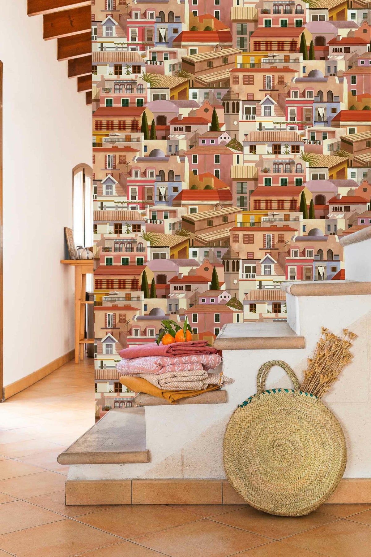 Valldemossa wallpaper by Coordonné in Sunrise, shown in a styled room