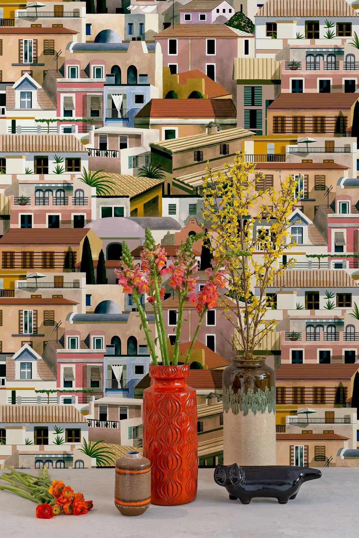 Valldemossa wallpaper by Coordonné in Sunset, shown in a styled room