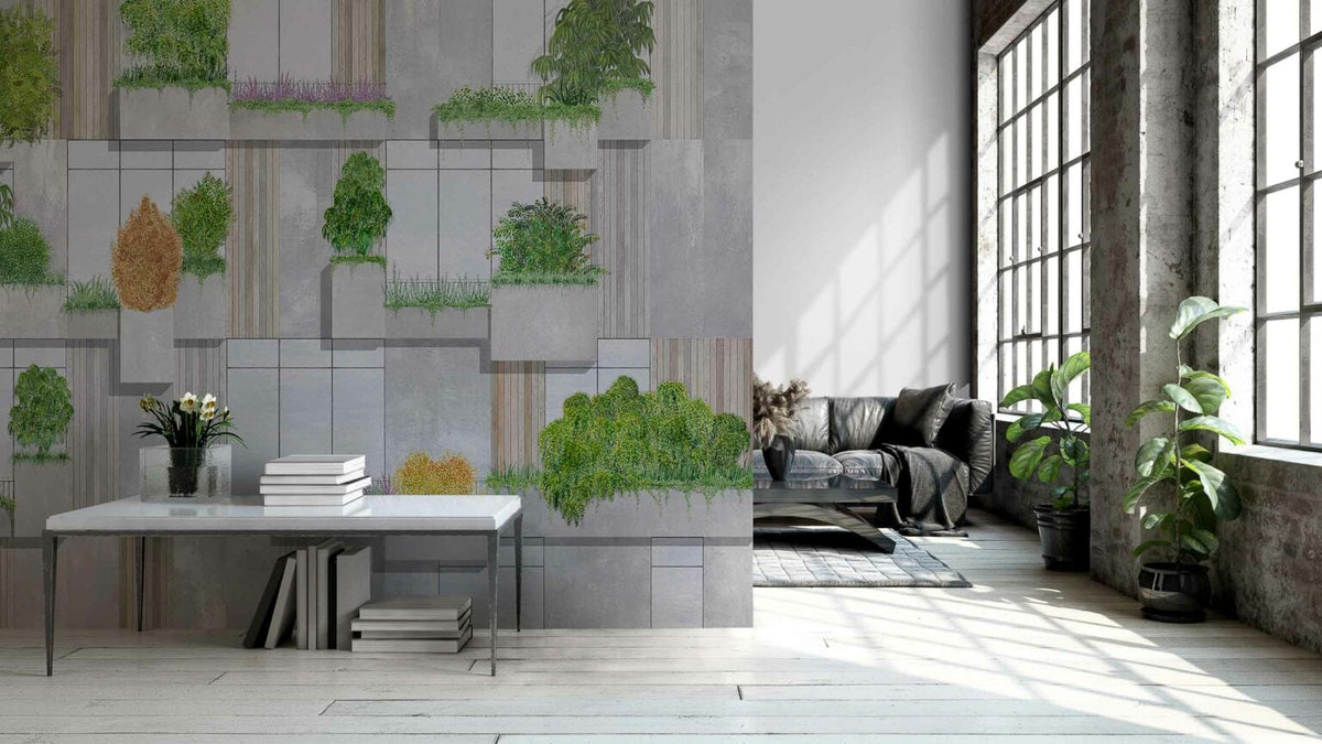 Vertical Forest mural by Coordonné in Blue, shown in a styled room