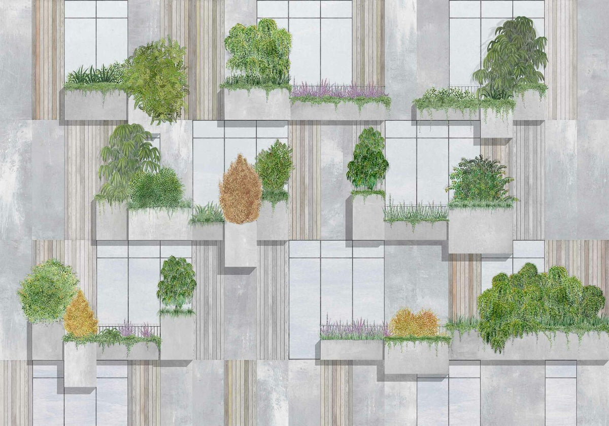 Vertical Forest mural by Coordonné in Blue, flat pattern view