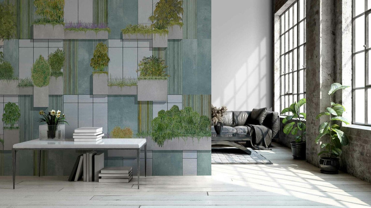 Vertical Forest mural by Coordonné in Grey, shown in a styled room
