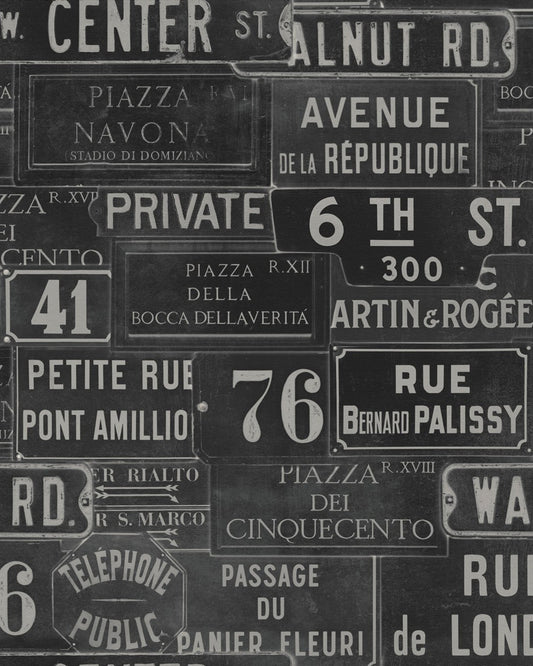 Vintage Signs Anthracite wallpaper by MINDTHEGAP