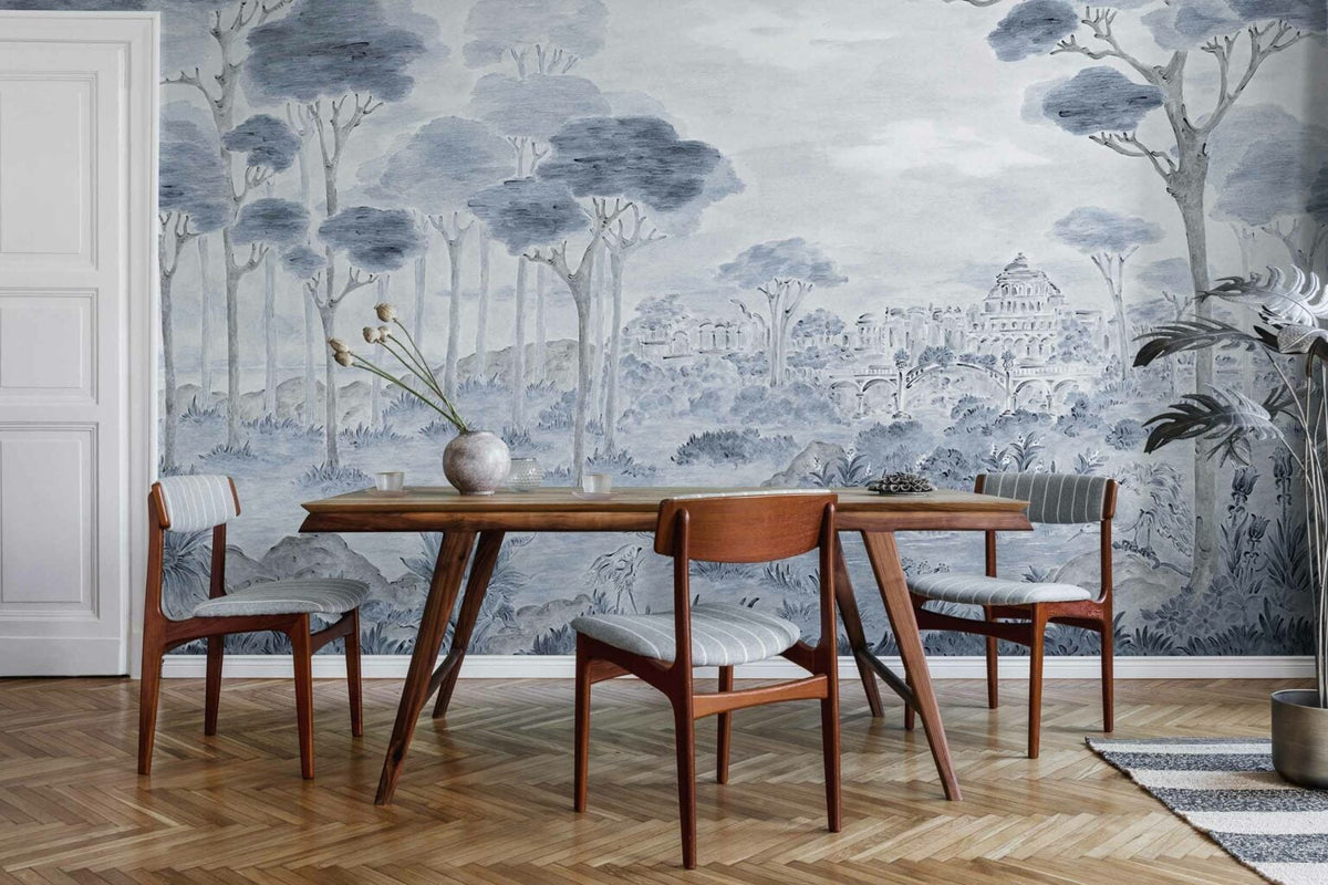 Vista Hermosa mural by Coordonné in Avio, shown in a styled room