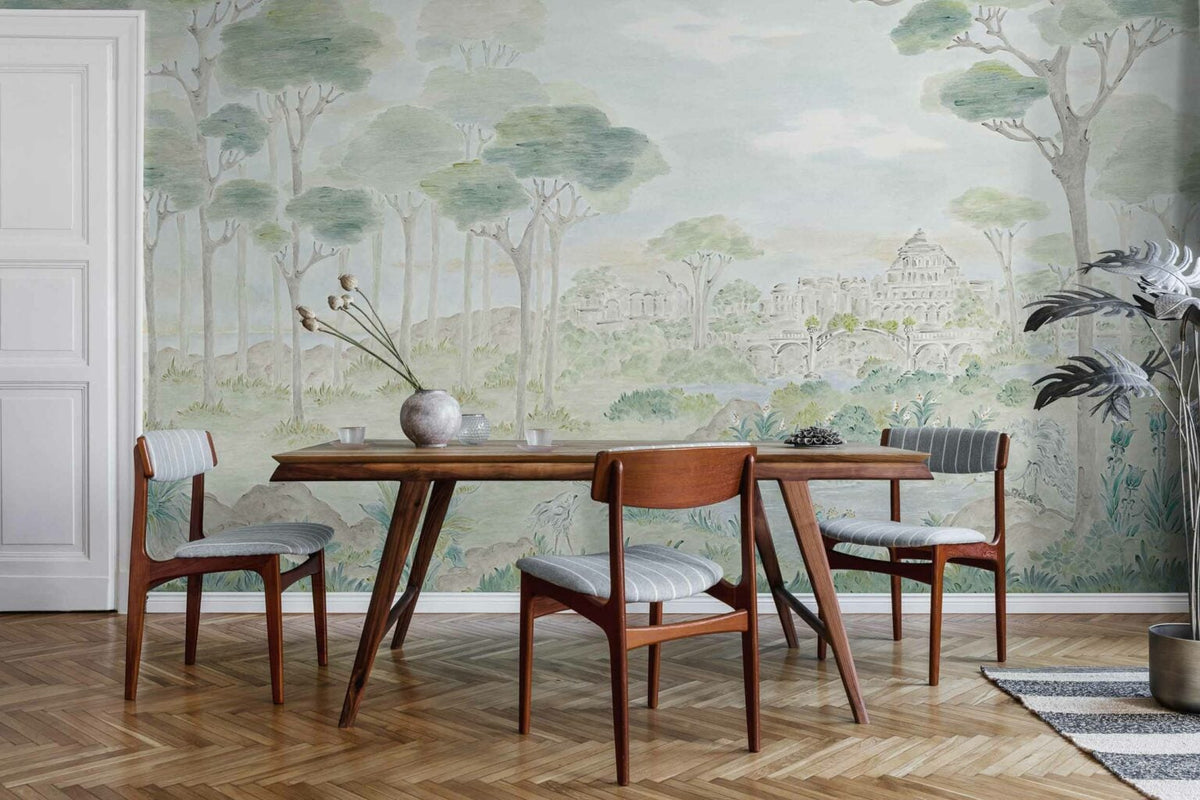 Vista Hermosa mural by Coordonné in Nube, shown in a styled room