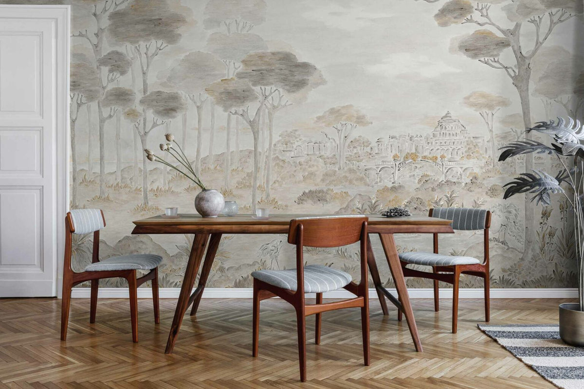 Vista Hermosa mural by Coordonné in Papiro, shown in a styled room