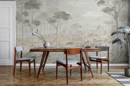Vista Hermosa mural by Coordonné in Papiro, shown in a styled room